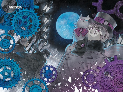 A grayscale illustration of Noé Archiviste facing the viewer, his cat Murr on his shoulder. A blue full moon and the backs of Vanitas and Dante are visible behind him, and large purple and blue gears frame the image